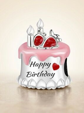 S925 Silver Happy Birthday Cake Charm Pandora Fit Pink Enamel Celebration Gift C